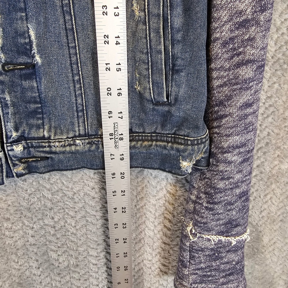 Free People Womens Mixed Media‎ Hooded Denim Jacket Blue Purple Distressed Small - Picture 4 of 9
